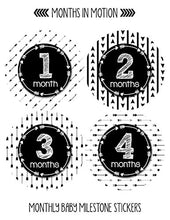 Load image into Gallery viewer, Months In Motion Gender Neutral Baby Month Stickers - Monthly Milestone Sticker for Boy or Girl - Infant Photo Prop for First Year - Shower Gift - Newborn Keepsakes - Unisex - Tribal Arrows
