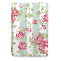CasesByLorraine Apple iPad Air Case, Mint Stripes Floral Rose Print Stylish Smart Cover for iPad Air with auto Sleep & Wake Function - P26