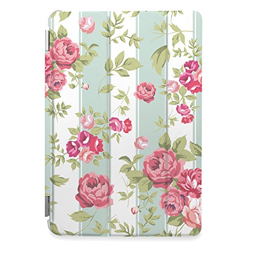 CasesByLorraine Apple iPad Air Case, Mint Stripes Floral Rose Print Stylish Smart Cover for iPad Air with auto Sleep & Wake Function - P26
