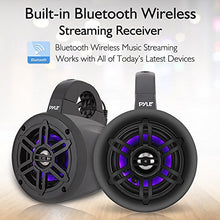Load image into Gallery viewer, Waterproof Marine Wakeboard Tower Speakers - 4 Inch Dual Subwoofer Speaker Set w/LED Lights &amp; Bluetooth for Wireless Music Streaming - Boat Audio System w/Mounting Clamps - Pyle PLMRLEWB47BB
