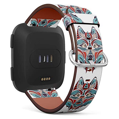 Replacement Leather Strap Printing Wristbands Compatible with Fitbit Versa - Patterned Colored Head of Native American Indian Wolf