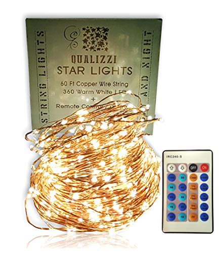 Qualizzi Starry Lights 60 Feet Xx-Long / 360 LEDs with Remote Control Dimmer. Warm White Lights on Copper Wire String. Fading Fairy Effects. White 110/220v Pw Adaptor