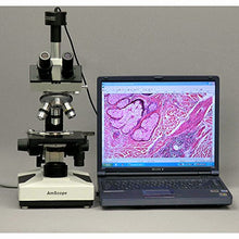 Load image into Gallery viewer, AmScope T400B Compound Trinocular Microscope, WF10x and WF20x Eyepieces, 40X-2000X Magnification, Brightfield, Halogen Illumination with Rheostat, Abbe Condenser, Double-Layer Mechanical Stage, Slidin
