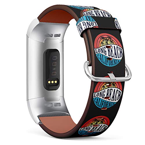Replacement Leather Strap Printing Wristbands Compatible with Fitbit Charge 3 / Charge 3 SE - Retro Illustration of Long Beach Calicompatible with Fitbitnia