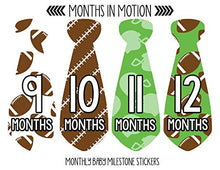 Load image into Gallery viewer, Months In Motion Monthly Baby Tie Stickers - Boy Month Milestone Necktie Sticker - Onesie Month Sticker - Infant Photo Prop for First Year - Shower Gift - Newborn Keepsakes- Football
