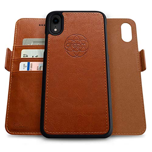 Dreem Fibonacci 2-in-1 Wallet Case for Apple iPhone XR - Luxury Vegan Leather, Magnetic Detachable Shockproof Phone Case, RFID Card Protection, 2-Way Flip Stand - Caramel