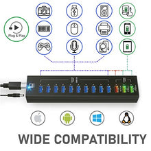 Load image into Gallery viewer, USB Hub Powered, 13 Multi-Port USB Hub with 10 USB 3.0 Ports, 2 IQ Quick Charge 3.0 Ports, and Port with up to 2,4A, Powered USB Splitter with Cords C and A, Unibody Aluminum USB HUB - by LATORICE
