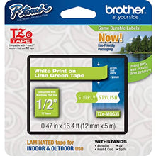 Load image into Gallery viewer, Brother Genuine P-Touch TZE-MQG35 Tape, 1/2&quot; (0.47&quot;) Laminated White on Lime Green Water-Resistant 0.47&quot; x 16.4 ft (24mm x 8mm), Single-Pack
