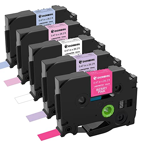 5-Pack TZe TZ Tape Compatible with Brother P Touch Label Tape 12mm 0.47 Inch Laminated(White,Berry Pink,Purple,Pink,Blue),for Ptouch PT-D210 H110 D600 D220 D410 Label Maker