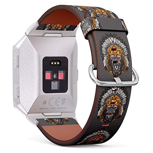 (Angry Gorilla Wearing Aztec Ornament Headdress) Patterned Leather Wristband Strap for Fitbit Ionic,The Replacement of Fitbit Ionic smartwatch Bands