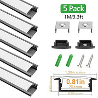 LightingWill 5-Pack U-Shape LED Aluminum Profile System 3.28ft/1M Anodized Black for <20mm width SMD3528 5050 Double or Single Row LED Strips with Oyster White Cover, End Caps and Mounting Clips U03B5