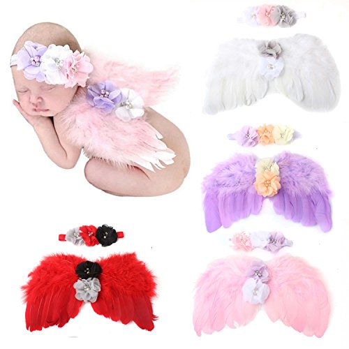 WZT 4 Sets Feather Angel Wings Rhinestone Headband Set Baby Chiffon Flower Headband Hair Accessories Newborn Photo Prop Costume