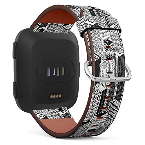 Replacement Leather Strap Printing Wristbands Compatible with Fitbit Versa - BW Skyscraper City Pattern