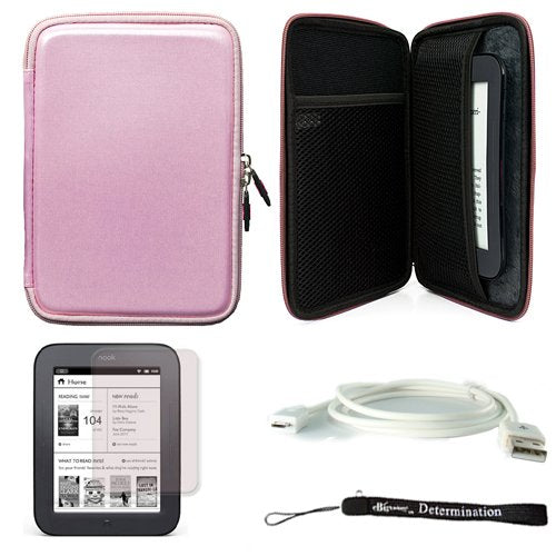 Pink Protective Carrying Case for Barnes and Noble Nook Simple Touch eBook Reader BNRV300 and White Micro USB Cable and Screen Protector and Hand Strap