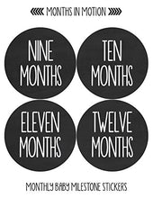 Load image into Gallery viewer, Months In Motion Gender Neutral Baby Month Stickers - Monthly Milestone Sticker for Boy or Girl - Infant Photo Prop for First Year - Shower Gift - Newborn Keepsakes - Unisex- Chalkboard
