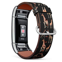 Replacement Leather Strap Printing Wristbands Compatible with Fitbit Charge 2 - Giraffe Pattern on Black Background