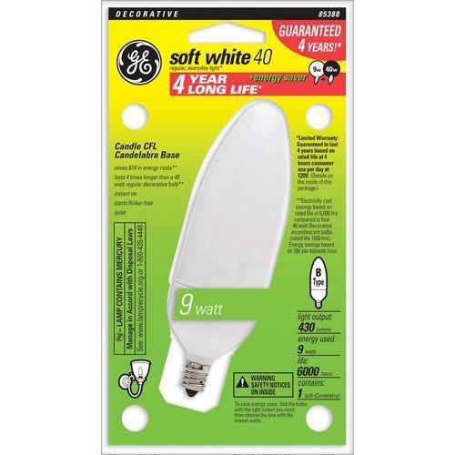 GE 85388 Energy Smart 9W Decorator Candelabra Base Light Bulb, 1-pk