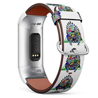 Replacement Leather Strap Printing Wristbands Compatible with Fitbit Charge 3 / Charge 3 SE - Pug Dog with Fitbit Native American Chief Headdress