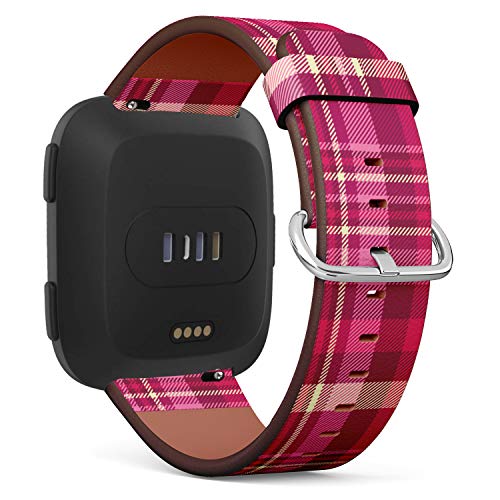 Replacement Leather Strap Printing Wristbands Compatible with Fitbit Versa - Plaid Check Pattern in Shades of Pink, Maroon and Cream