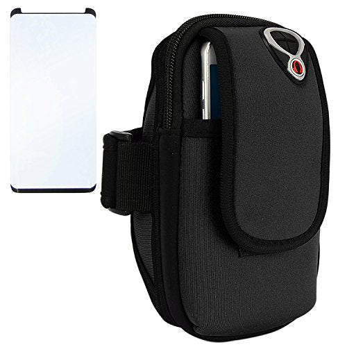Sweatproof Black Neoprene Fitness Pouch Armband with Tempered Glass Screen Protector for Samsung Galaxy S9 5.8