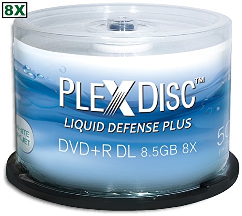 50-Pak PlexDisc 8.5GB 8X Liquid Defense Plus Glossy White Inkjet Hub Printable DL DVD+R's