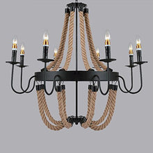 Load image into Gallery viewer, Industrial Iron Matte Black Finish Rope Candle Chandelier - LITFAD 33.46&quot; Retro Vintage Antique Pendant Light Ceiling Light with 8 Lights
