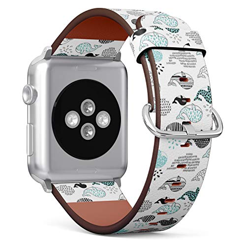 Compatible with Small Apple Watch 38mm, 40mm, 41mm (All Series) Leather Watch Wrist Band Strap Bracelet with Adapters (Cute Handdrawn Whale)