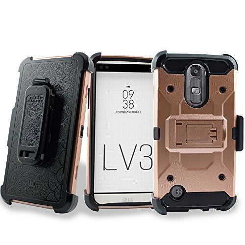 LG Aristo Case, Mstechcorp Premium Hybrid Tri-Layer Protector Case [Kickstand][Belt Swivel Clip] For LG Aristo (MS210) / LG LV3 with Goodie (Gold)