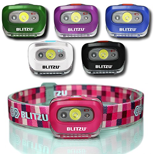BLITZU Brightest Headlamp Flashlight Gear 165 Lumen with Bright White Cree Led + Red Runner Light for Kids, Men, Women. Perfect for Running, Camping, Home Projects, with Adjustable Headband Pink