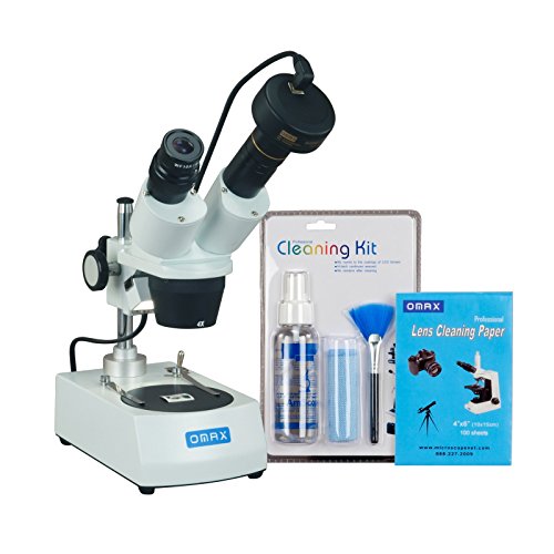 OMAX 20x-40x Binocular Stereo Microscope with Dual Lights and 1.3MP Camera and Cleaning Pack