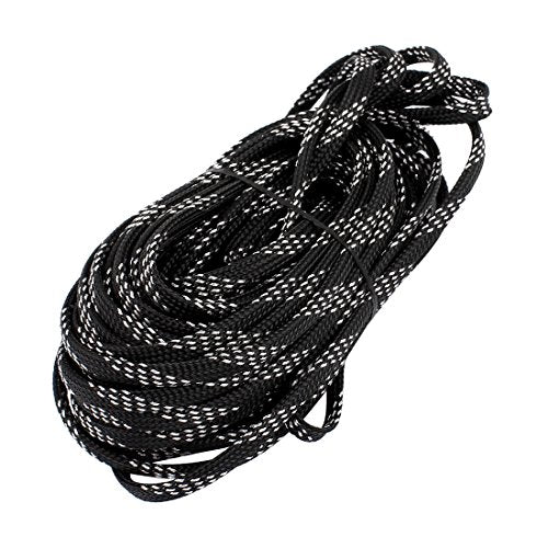 Aexit 6mm Dia Tube Fittings Tight Braided PET Expandable Sleeving Cable Wrap Sheath Black Silver Microbore Tubing Connectors Tone 32Ft