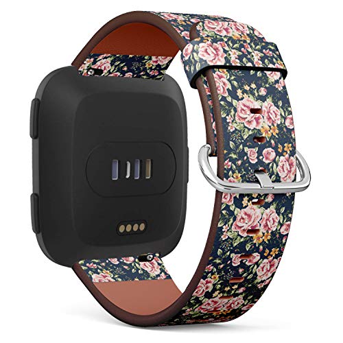 Replacement Leather Strap Printing Wristbands Compatible with Fitbit Versa - Vintage Floral Pattern on Navy Background