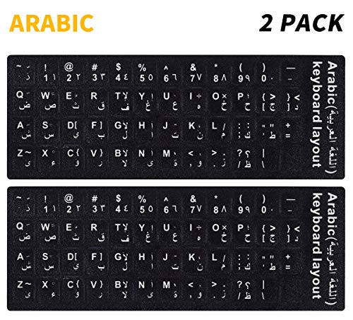 2PCS Pack Arabic Keyboard Stickers, Arabic Keyboard Replacement Stickers Black Background with White Letters for Computer Laptop Notebook Desktop (Arabic)