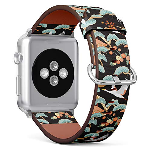 S-Type iWatch Leather Strap Printing Wristbands for Apple Watch 4/3/2/1 Sport Series (38mm) - Japanese Ornament with Oriental Motifs, Heron and Crane