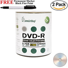 Load image into Gallery viewer, Smartbuy 200-disc 4.7GB/120min 16x DVD-R Silver Inkjet Hub Printable Blank Media Disc + Black Permanent Marker
