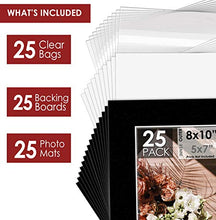 Load image into Gallery viewer, Mat Board Center Premier Acid-Free Pre-Cut 8x10 Black Picture Mat Set. Includes a Pack of 25 White Core Bevel Cut Mattes for 5x7 Photos, Pack of 25 Backers &amp; Clear Bags
