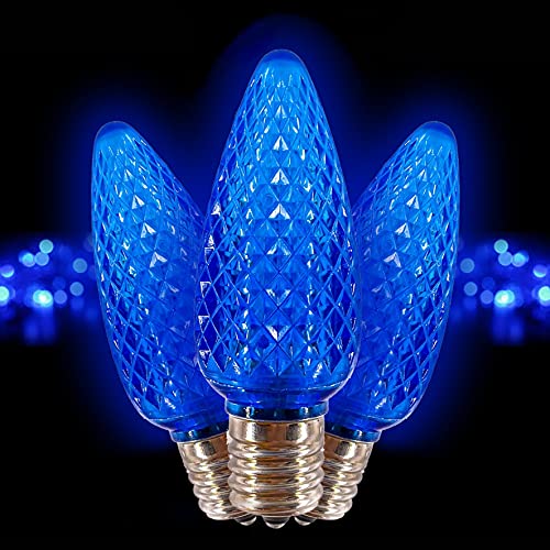 C9 LED Replacement Bulb by MIK Solutions (Pack of 25) LED Blue Replacement Christmas Light Bulbs Faceted Retrofit Candle Shape Commercial Grade E17 Socket Roof Lights Bulbs