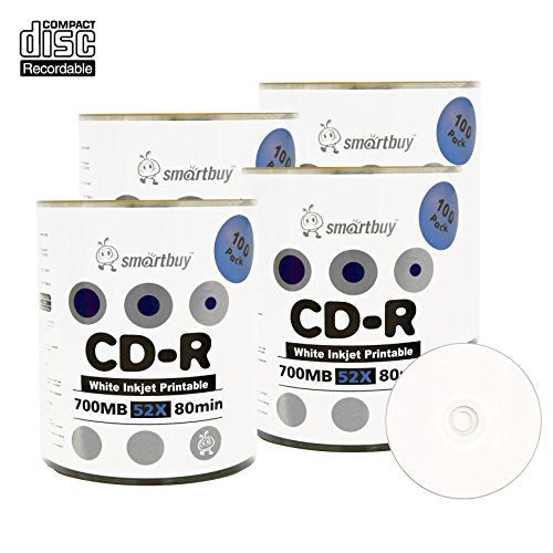 Smartbuy 400-disc 700mb/80min 52x CD-R White Inkjet Hub Printable Blank Recordable Media Disc