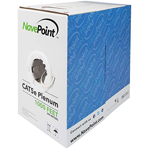 NavePoint Cat5e Plenum (CMP), 1000ft, White, Solid Bare Copper Bulk Ethernet Cable, 350MHz, 24AWG 4 Pair, Unshielded Twisted Pair (UTP)