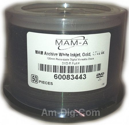 4.7 GB MAM-A (Mitsui) White Inkjet Hub Printable/GOLD 8X DVD-R 50-Pak in Cakebox