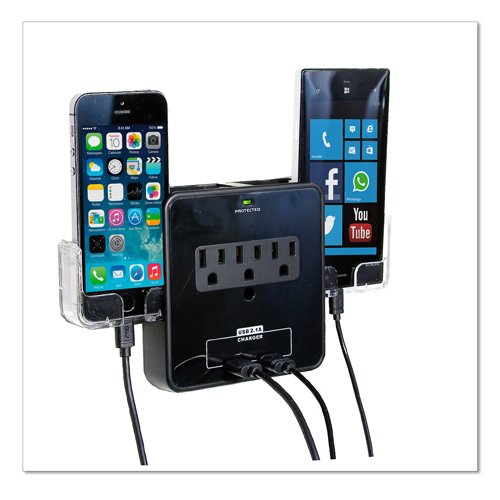 RND Power Solutions Wall Power Station includes 3 AC Plugs and 2 USB ports with Surge Protection and 2 slide-out holders(Black)