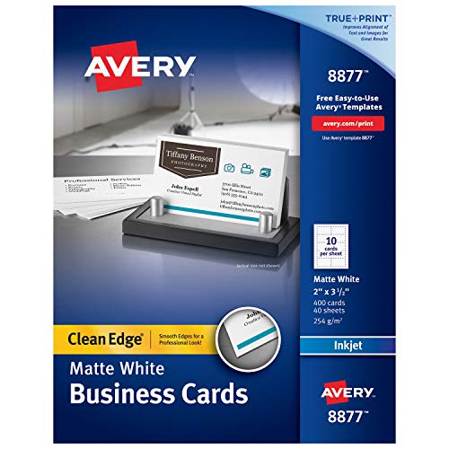 Avery Printable Business Cards, Inkjet Printers, 400 Cards, 2 x 3.5, Clean Edge, Heavyweight (8877), White