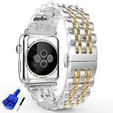 Load image into Gallery viewer, HUANLONG Latest Solid Stainless Steel Metal Replacement 7 Pointers Watchband Bracelet with Double Button Folding Clasp for Apple Watch iWatch, Silver/Gold, 42 mm
