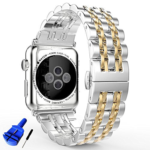 HUANLONG Latest Solid Stainless Steel Metal Replacement 7 Pointers Watchband Bracelet with Double Button Folding Clasp for Apple Watch iWatch, Silver/Gold, 42 mm