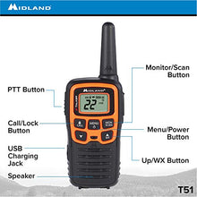 Load image into Gallery viewer, Midland T51VP3 22 Channel FRS Walkie Talkie - Up to 28 Mile Range Two-Way Radio - Orange/Black (Pack of 6)
