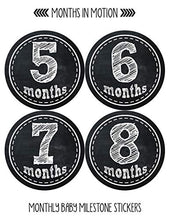 Load image into Gallery viewer, Months In Motion Gender Neutral Monthly Baby Milestone Stickers - Infant Photo Prop for First Year - Shower Gift - Newborn Keepsakes - Unisex Boy or Girl - Chalkboard - Style 155
