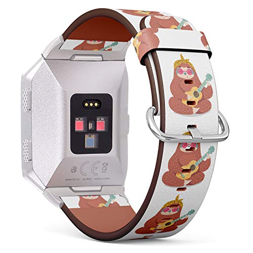 (Funny Cartoon Sloth Sitting in Lotus Playing Guitar) Patterned Leather Wristband Strap for Fitbit Ionic,The Replacement of Fitbit Ionic smartwatch Bands