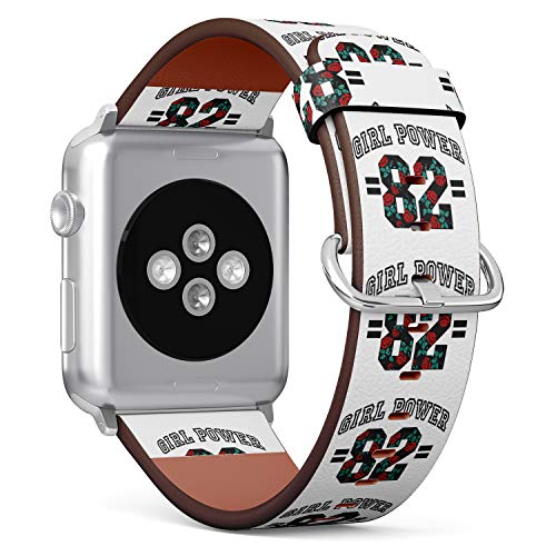 S-Type iWatch Leather Strap Printing Wristbands for Apple Watch 4/3/2/1 Sport Series (42mm) - Girl Power College Sport Theme Rose with Leaves Rock Girl Gangs