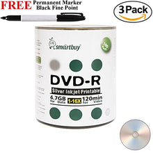 Load image into Gallery viewer, Smartbuy 300-disc 4.7GB/120min 16x DVD-R Silver Inkjet Hub Printable Blank Media Disc + Black Permanent Marker
