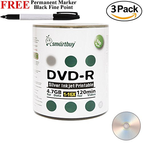 Smartbuy 300-disc 4.7GB/120min 16x DVD-R Silver Inkjet Hub Printable Blank Media Disc + Black Permanent Marker